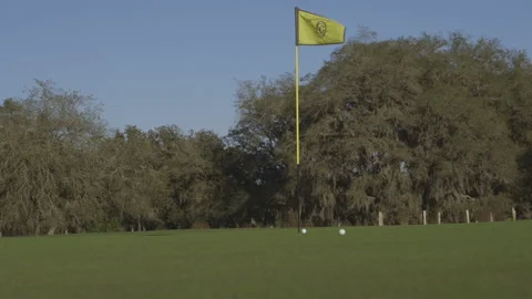 Golf Ball Missing Hole with Pin Flag Blowing in the Wind Video stock 141081630