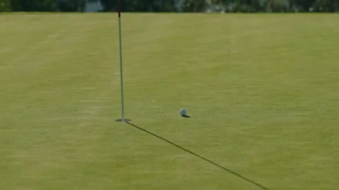 Golf ball rolling toward hole on putting green Stock Footage 325373270