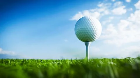 Golf ball sitting on a tee in lush green grass under blue sky Stock Illustration