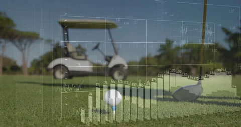 Golf ball on tee with data processing animation over golf cart in background Stock Footage 305077833