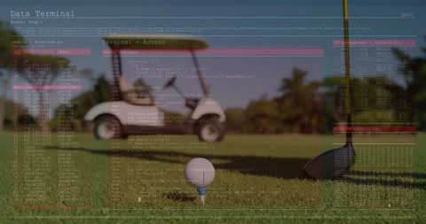 Golf ball on tee with data terminal access animation over golf course Stock Footage 305078115