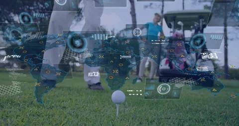 Golf ball on tee with digital world map and data overlay animation Видео 304159919