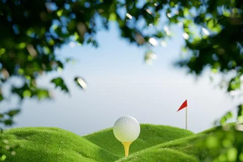 A golf ball on a tee with a flag in the background Illustrazione stock