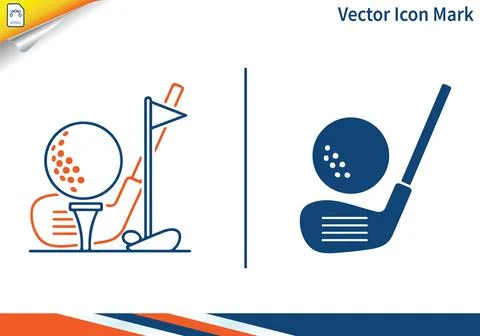 Golf ball on tee, flag, golf iron vector icon mark template. Stock Illustration