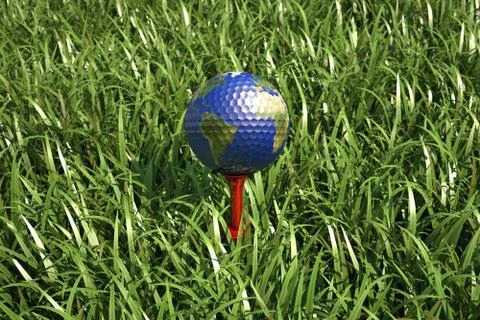 Golf ball on tee in the grass, with earth planet map. Stock Illustration