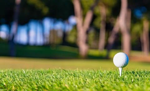 Golf ball on a tee on the grass before the first shot Stock Photos