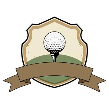 Golf ball on tee inside shield emblem Stock Illustration