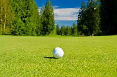Golf ball on tee over a blurred green. Shallow depth of field. Focus on the b Fotos Stock