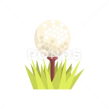 Golf ball on a tee tee in green grass, golf sport equipment cartoon vector Stock Illustration