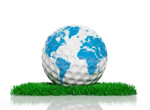 Golf ball with world map on green grass Illustrazione stock