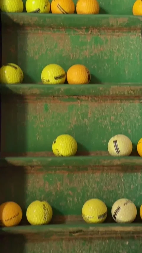 Golf balls moving through collection machine at driving range vertical video Stock Footage 341710553