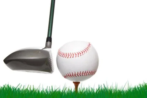 Golf Baseball A driver before it hits a baseball on a golf tee. (License=R... 스톡 사진