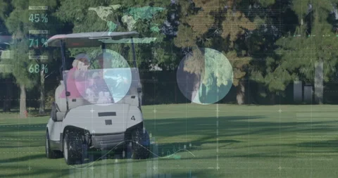 Golf cart on course with data processing animation overlaying landscape Stock Footage 303527492