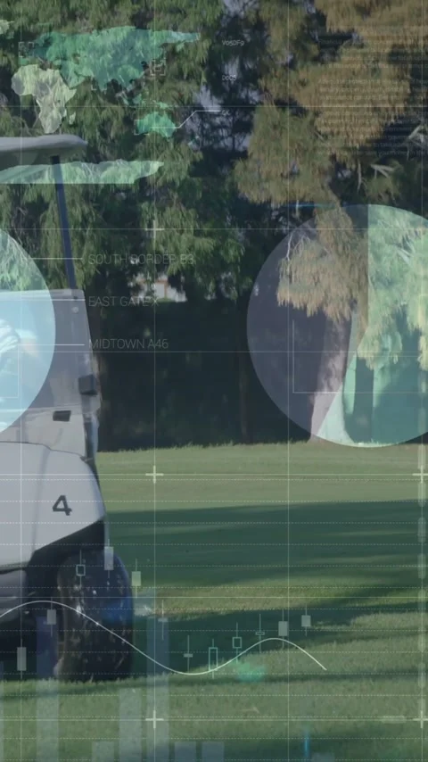 Golf cart on course with data processing animation overlaying landscape Stock Footage 319810904