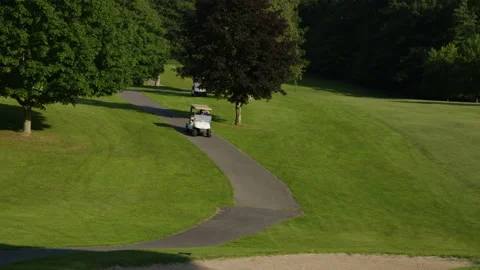 Golf cart moving down path towards camera 스톡 동영상 153706625