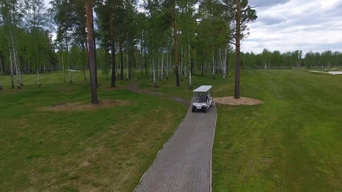 A golf cart rides along the path 库存影片 76938533