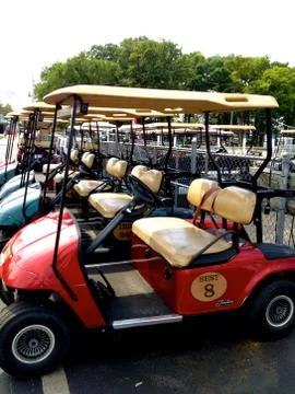 Golf carts lined up 스톡 사진