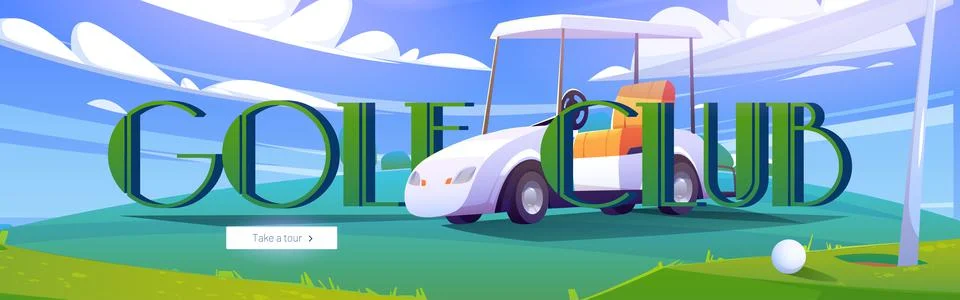 Golf club cartoon web banner with golfer cart Stock Illustration
