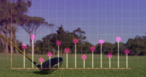 Golf club on grass with pink data points and grid overlay animation Stock Footage 303431328
