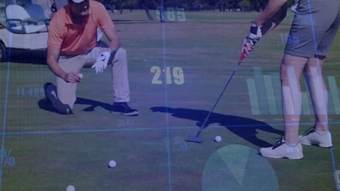 Golf coach kneeling and pointing, initiating woman practicing putting, stats Stock Footage 333019657