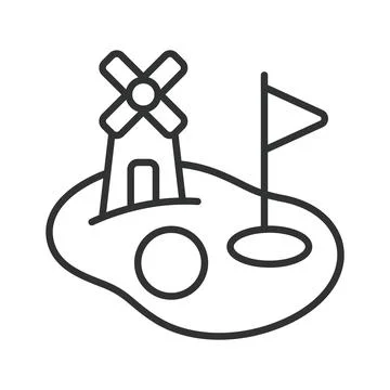 Golf course with flag and windmill icon in line design. Golf, sport, leisure Illustrazione stock