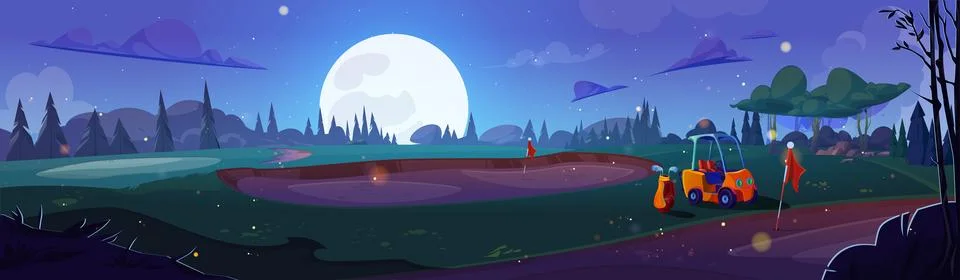 Golf course with grass surface, sand at night Stock Illustration