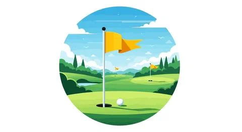 Golf Course Green with Flag and Ball, Scenic Landscape Illustration Stock Illustration