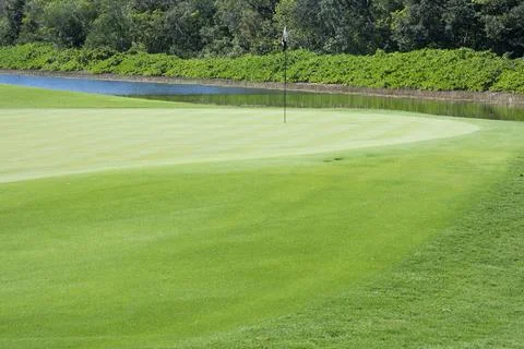 A golf course green with a flag 스톡 사진