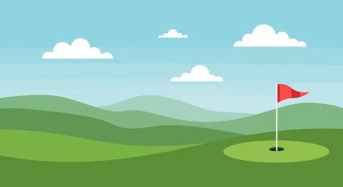 Golf course green with red flag and hole, rolling hills and clouds background Stock Illustration
