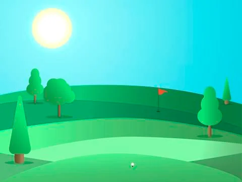Golf course with a hole and a red flag. Landscape with green fields and tre.. 스톡 일러스트