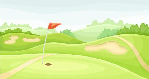 Golf course with hole, red flag and sand traps. Green summer beautiful landscape Stock Illustration