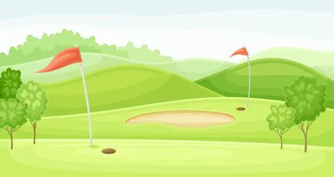 Golf course with holes, red flags and sand trap. Green summer beautiful Stock Illustration