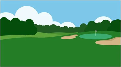 Golf course putting green with sand trap and trees recreation outdoors Stock Illustration