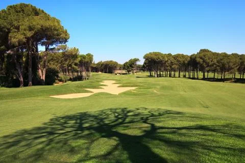 Golf course with sand trap. 스톡 사진