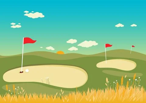Golf course in a summer landscape background with wheat field. Stock Illustration