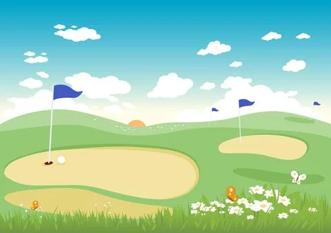 Golf course in a summer or spring landscape background with flowers. Stock Illustration