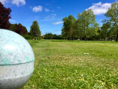 Golf course tee box overlooking beautiful view Stock Photos