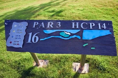 Golf course, Teeing ground sign. Algorfa, Spain Stock Photos