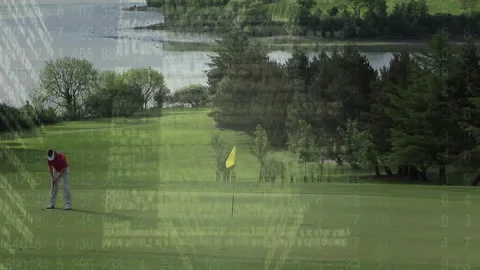 Golf course with trees and lake, data processing animation over landscape Stock Footage 304481999