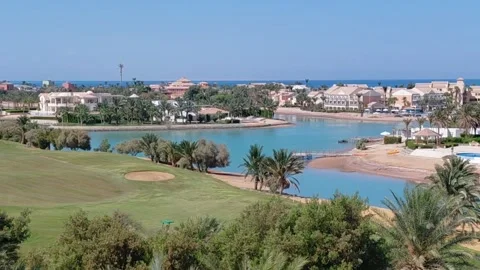 Golf course with turquoise lagoons and luxury resort in El Gouna Egypt. Stock Footage 340106073