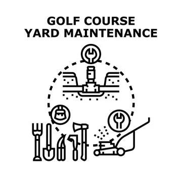 Golf course yard maintenance equipment and watering system Stock Illustration