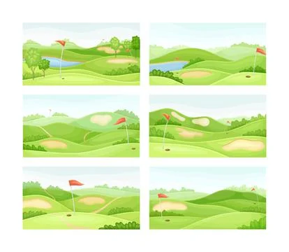 Golf courses set. Green summer course with holes, sand traps and flags vector Stockillustratie
