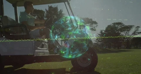 Golf driver steering cart across fairway at sunrise, floating tech orb pulsing Video stock 330772121
