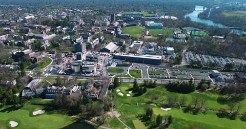 Golf Fairways Framing Campus Construction Cranes in Princeton Stock-Footage 62300435