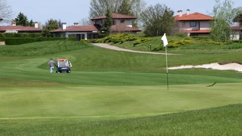 GOLF flagpole and two players with cart Stock Footage 308644148