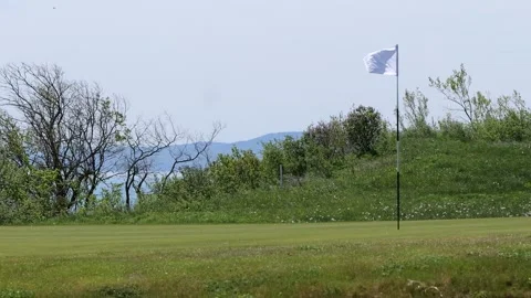 Golf flagpole on a Blacksirama course Stock Footage 308644274