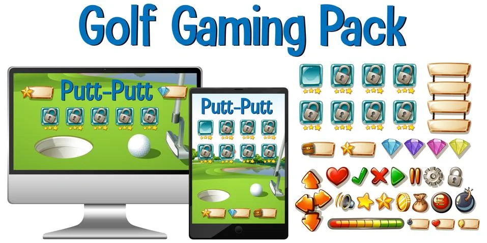 Golf gaming pack with computer tablet and button icons isolated Stock Illustration