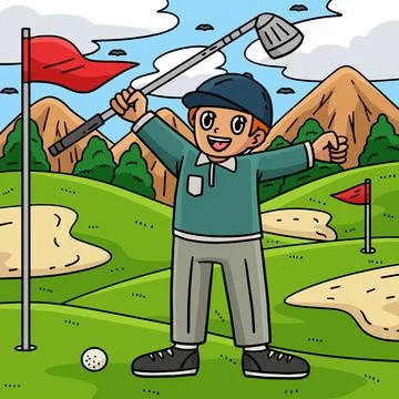 Golf Golfer Raising Hands Colored Cartoon Stock Illustration
