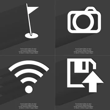 Golf hole, Camera, WLAN, Floppy disk upload icon sign. Set of Symbols with Fl Stockillustratie