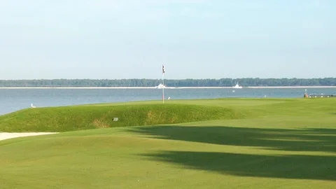 Golf hole flag waving by the ocean zoom in. Seagulls near green Stock Footage 117249376
